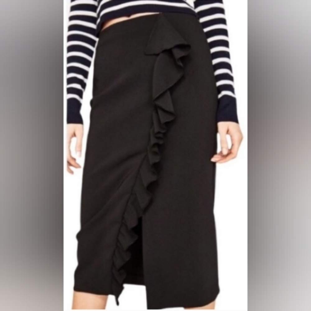 NEW Zara Black Ruffle Knee Length Pencil Skirt Office Siren Corpcore Tags LARGE